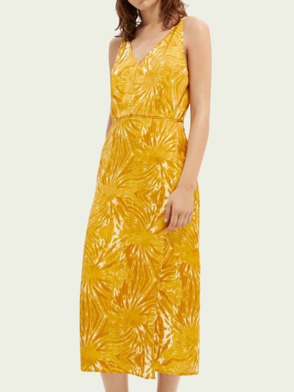 Scotch & Soda Mustard Yellow Printed V-Neck Slip Dress